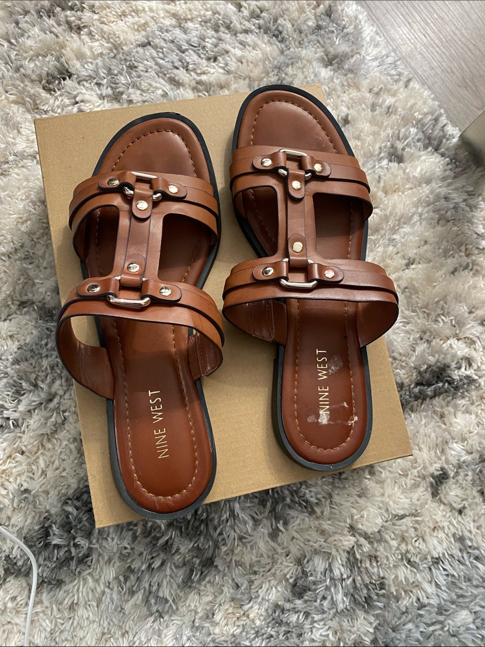 Nine West Cognac Leather Double-Strap Slide Sandals